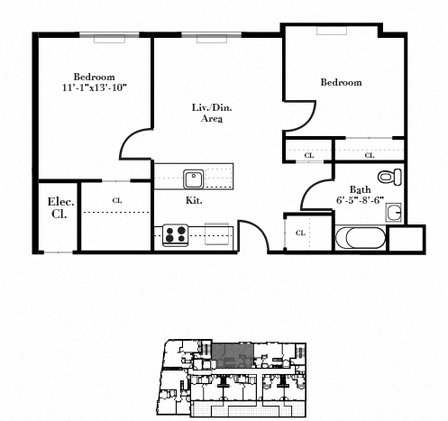Floor plan for 2 beds, 1 bath, 763 sqft